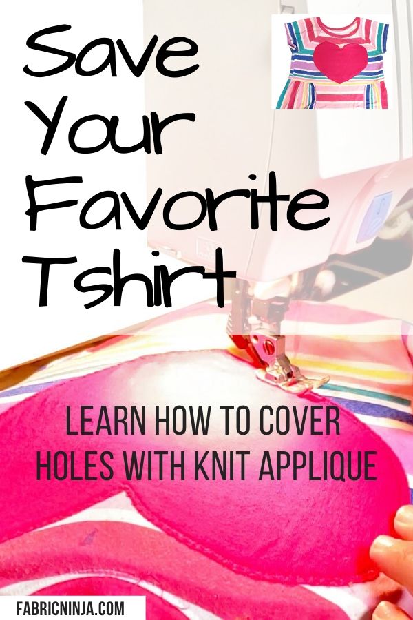White colored sewing machine sewing a large pink heart on a rainbow shirtSave your favorite shirt Learn how to cover holes with knit applique