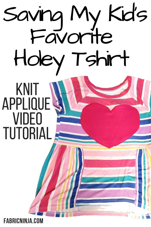 A rainbow striped shirt with large heart on the chest. Saving my kid's favorite holey shirt. Knit applique video
