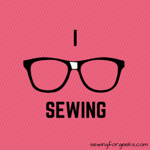 I (geek glasses) sewing. Black letters and glasses on red background. Sewingforgeeks.com