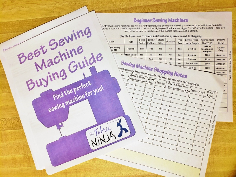 Sewing machine Buying guide workbook pages laid out on a table. Cover has purple sewing machine.