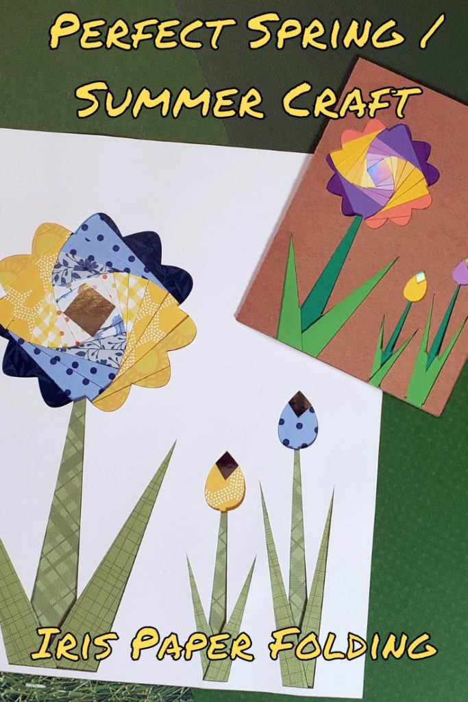 Swirled flower designs with purple and yellow and blue and yellow flowers. Perfect spring summer craft. Iris paper folding
