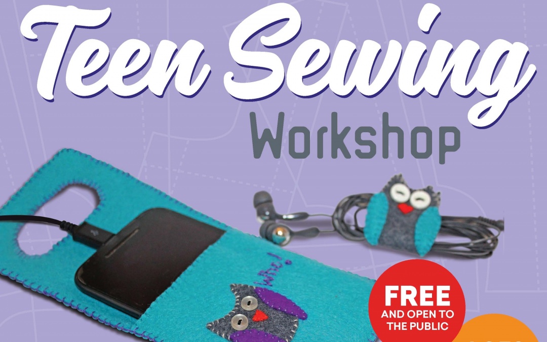 Teal phone pocket with an owl on it, and an owl cord keeper. Teen sewing workshop Free Ages 12-18